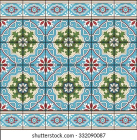 Gorgeous seamless  pattern from tiles and border. Moroccan, Portuguese, Azulejo ornaments. Can be used for wallpaper, pattern fills, web page background,surface textures. 