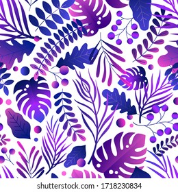 Gorgeous seamless pattern with tropical leaves. Endless background with gradient purple exotic foliage. Trendy colorful summer pattern. Vector illustration