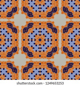 Gorgeous seamless pattern white blue orange Moroccan, Portuguese tiles, Azulejo, ornaments. Can be used for wallpaper, pattern fills, web page background,surface textures. Vector illustration