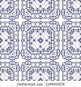 Gorgeous seamless pattern white blue orange Moroccan, Portuguese tiles, Azulejo, ornaments. Can be used for wallpaper, pattern fills, web page background,surface textures. Vector illustration