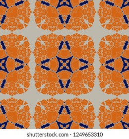 Gorgeous seamless pattern white blue orange Moroccan, Portuguese tiles, Azulejo, ornaments. Can be used for wallpaper, pattern fills, web page background,surface textures. Vector illustration
