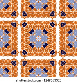 Gorgeous seamless pattern white blue orange Moroccan, Portuguese tiles, Azulejo, ornaments. Can be used for wallpaper, pattern fills, web page background,surface textures. Vector illustration