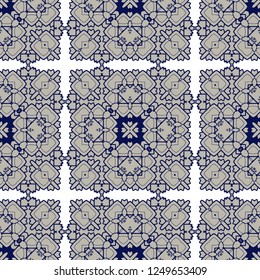 Gorgeous seamless pattern white blue orange Moroccan, Portuguese tiles, Azulejo, ornaments. Can be used for wallpaper, pattern fills, web page background,surface textures. Vector illustration