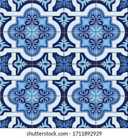 Gorgeous seamless pattern white blue colors Moroccan, Portuguese tiles, Azulejo, ornaments. Can be used for wallpaper, pattern fills, web page background, surface textures. Vector