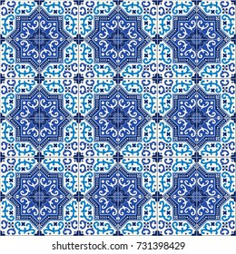 Gorgeous seamless pattern white blue Moroccan, Portuguese tiles, Azulejo, ornaments. Can be used for wallpaper, pattern fills, web page background,surface textures
