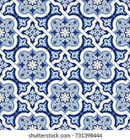 Gorgeous seamless pattern white blue Moroccan, Portuguese tiles, Azulejo, ornaments. Can be used for wallpaper, pattern fills, web page background,surface textures