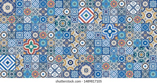 Gorgeous seamless pattern white colorful Moroccan, Portuguese tiles, Azulejo, ornaments. Can be used for wallpaper, pattern fills, web page background, surface textures.