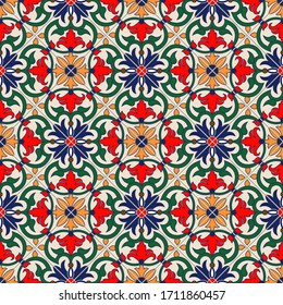 Gorgeous seamless pattern white colorful Moroccan, Portuguese tiles, Azulejo, ornaments. Can be used for wallpaper, pattern fills, web page background, surface textures. Vector illustration