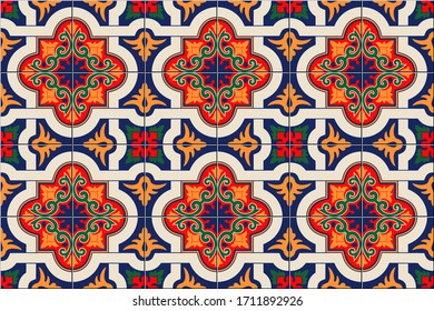 Gorgeous seamless pattern white colorful Moroccan, Portuguese tiles, Azulejo, ornaments. Can be used for wallpaper, pattern fills, web page background, surface textures. Vector illustration