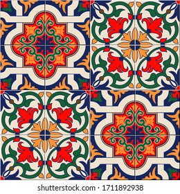 Gorgeous seamless pattern white colorful Moroccan, Portuguese tiles, Azulejo, ornaments. Can be used for wallpaper, pattern fills, web page background, surface textures. Vector illustration