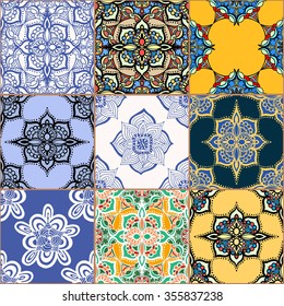 Gorgeous seamless pattern white colorful Moroccan, Portuguese tiles, Azulejo, ornaments. Can be used for wallpaper, pattern fills, web page background,surface textures.