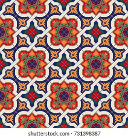 Gorgeous seamless pattern white colorful Moroccan, Portuguese tiles, Azulejo, ornaments. Can be used for wallpaper, pattern fills, web page background,surface textures