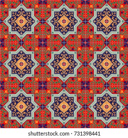 Gorgeous seamless pattern white colorful Moroccan, Portuguese tiles, Azulejo, ornaments. Can be used for wallpaper, pattern fills, web page background,surface textures