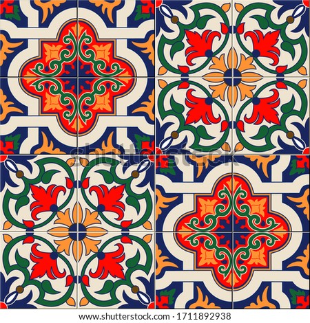 Gorgeous seamless pattern white colorful Moroccan, Portuguese tiles, Azulejo, ornaments. Can be used for wallpaper, pattern fills, web page background, surface textures. Vector illustration