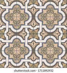 Gorgeous seamless pattern white shades of brown, sepia Moroccan, Portuguese tiles, Azulejo, ornaments. Can be used for wallpaper, pattern fills, web page background, surface textures. Vector