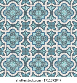 Gorgeous seamless pattern white trendy shades of green and blue Moroccan, Portuguese tiles, Azulejo, ornaments. Can be used for wallpaper, pattern fills, web page background, surface textures. Vector