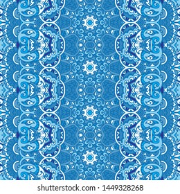 Gorgeous seamless winter decor pattern from blue and white oriental tiles, ornaments. Can be used for wallpaper, backgrounds, decoration for your design, ceramic, page fill and more.
