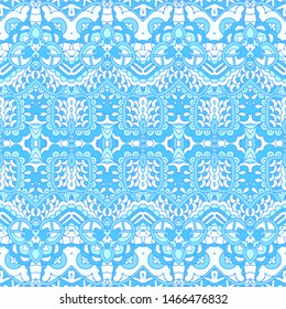 Gorgeous seamless winter decor pattern from blue and white oriental tiles, ornaments. Can be used for wallpaper, backgrounds, decoration for your design, ceramic, page fill and more.
