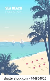 Gorgeous seascape with palm silhouettes, sand beach, pink umbrellas and sail yachts floating in ocean. Seaside landscape with sandy seashore and boats on horizon. Exotic journey. Vector illustration.