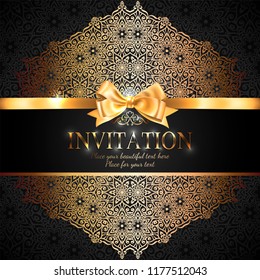 Gorgeous and shiny invitation card or banner with gold ribbon bow and place for text on black background with delicate lacy pattern
