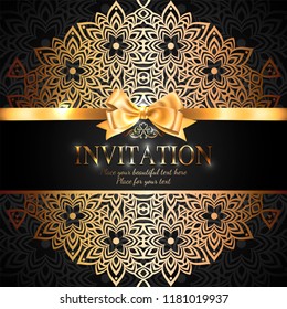 Gorgeous and shiny invitation card or banner with gold ribbon bow and place for text on black background with delicate lacy pattern