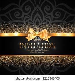 Gorgeous and shiny invitation card or banner with gold ribbon bow and sparkling golden glitter on black background with delicate pattern