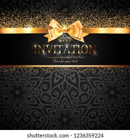 Gorgeous and shiny invitation card or banner with gold ribbon bow and sparkling golden glitter on black background with delicate pattern