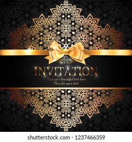 Gorgeous and shiny invitation card or banner with gold ribbon bow and place for text on black background with delicate lacy pattern