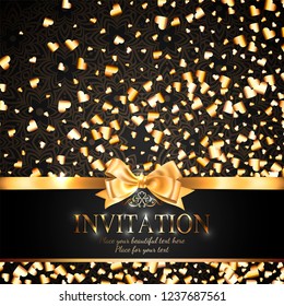 Gorgeous and shiny invitation card or banner with gold ribbon bow and sparkling golden hart-shaped glitter on black background with delicate pattern