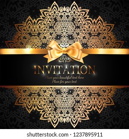 Gorgeous and shiny invitation card or banner with gold ribbon bow and place for text on black background with delicate lacy pattern