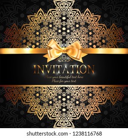 Gorgeous and shiny invitation card or banner with gold ribbon bow and place for text on black background with delicate lacy pattern
