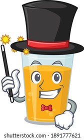 A gorgeous smart Magician of glass of orange juice cartoon design style. Vector illustration