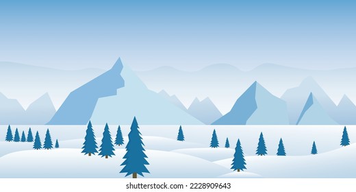 Gorgeous snowy mountain landscape. Winter Mountains landscape with pines and hills. Vector Illustration