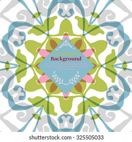 Gorgeous symmetrical pattern with place for text. Colorful floral ornament tiles. Background for web design, printed media or app interface.