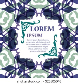 Gorgeous symmetrical pattern with place for text. Colorful floral ornament tiles. Background for web design, printed media or app interface.