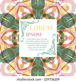 Gorgeous symmetrical pattern with place for text. Colorful floral ornament tiles. Background for web design, printed media or app interface.
