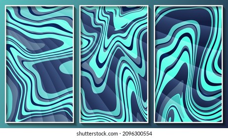Magnífico tríptico abstracto de azul turquesa. Un hermoso panel para decoración interior, diseños corporativos, blogs, postales, afiches y tus otros proyectos. Vector. 