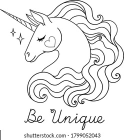 Gorgeous Unicorn Head. Vector Outline For Coloring Book