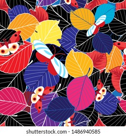 Gorgeous vector autumn bright color pattern of leaves and butterflies. An example for the design of wallpaper, fabric and various products.