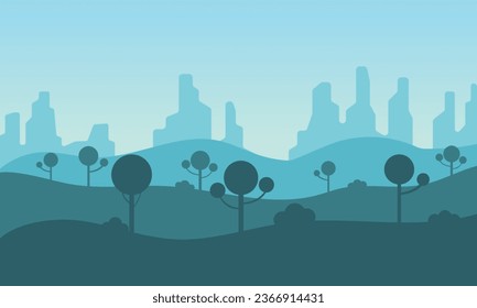 Magnífico paisaje vectorial de montaña con tranquilizantes tonos azul-verde. Un impresionante paisaje natural con detalles notables, montañas altísimas contra el cielo azul