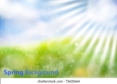 Gorgeous vector spring background with sky, grass, sun rays and multiple bokehs. Fully editable eps10