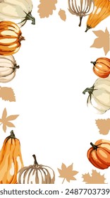 Gorgeous vertical frame of transparent background with bright watercolor pumpkins and leaves with space for text in the center. Modern invitation card in naive style. Vector illustration.