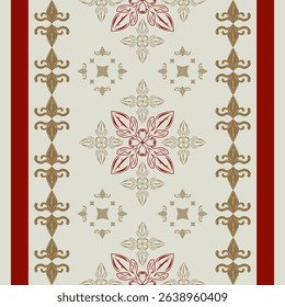 Gorgeous Victorian Eras Scroll Ornaments Luxury Intricate Design with Red Wine and Gold on Celadon Background Seamless Striped Border Pattern. Florals Art Work Wealth Rome Style for Apparel Embroidery