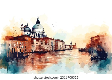 Gorgeous view of the Grand Canal in Venice Italy. Watercolor vector art. Generative AI.