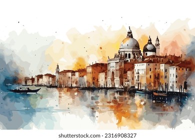 Gorgeous view of the Grand Canal in Venice Italy. Watercolor vector art. Generative AI.