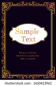 Gorgeous vintage antique ornament border, cover template, calligraphic illustrations, gold on black background, vector data.