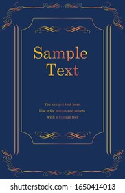 Gorgeous vintage antique ornament border, cover template, calligraphic illustrations, gold on navy background, vector data.