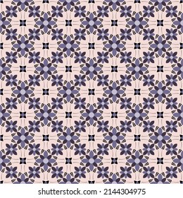 Gorgeous vintage floral seamless pattern. Purplish gray flowers of circles and segments, smooth branches with leaves are grouped and arranged in a certain order on a light beige background. Vector.