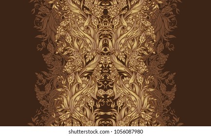 Gorgeous Vintage vertical seamless pattern with floral ornaments golden beige gentle tones on a brown background