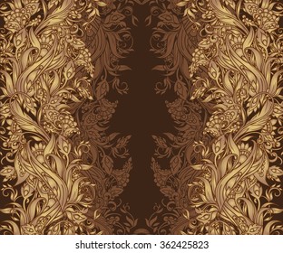 Gorgeous Vintage vertical seamless pattern with floral ornaments golden beige gentle tones on a brown background